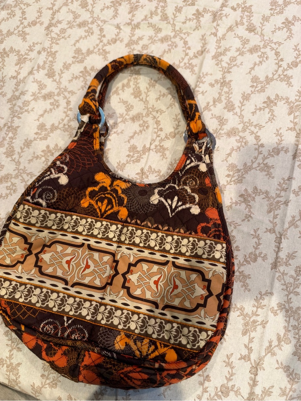 Quilted Floral-Pattern Hobo Bag in Brown & Orange